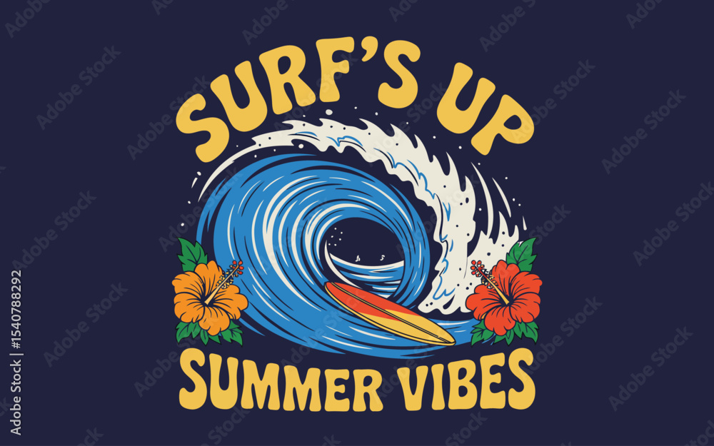 Fototapete a retro-style surfing logo design with a dark teal background. the center features a large blue and 