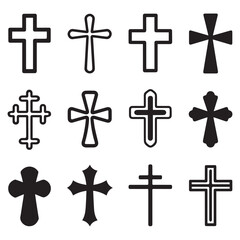 Diverse Christian Cross Symbols Collection Simple Black Icons Religious Faith Design Elements