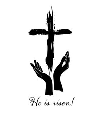 Abstraction of hands in prayer near a cross. He is risen hand drawn. Not AI, Vector.