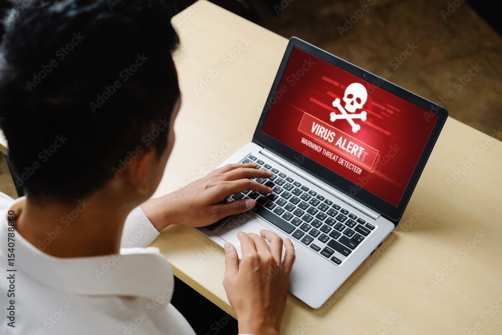 Poster virus warning alert on computer screen detected modish cyber threat , hacker, computer virus and mal