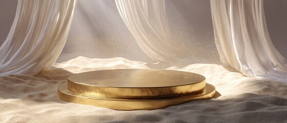 Luxury gold circular podium with fabric and sand glitters, glossy reflective surface, soft light rays, dreamy atmosphere. Copy space. Generative AI