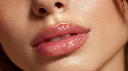 Close-up of glossy natural pink lips with perfect skin. Beauty shot of a woman’s mouth with shiny lip gloss on a soft background.

