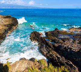 Sea Arch on The Volcanic Shoreline Below The Ironwood Cliffs With Oneloa Bay, Kapalua Coastal...