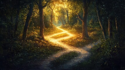 Obraz premium Golden Sunlight Illuminates a Winding Forest Path