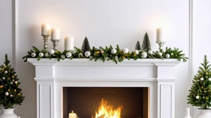 Festive fireplace decorated with garlands, small Christmas trees, candles, and ornaments against white wall, evoking cozy holiday atmosphere. - Powered by Adobe