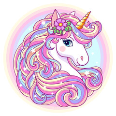 Head of white unicorn with rainbow mane. Composition in circle. Cute fantasy animal. For children's design of prints, posters, cards, stickers, puzzles, etc. Vector illustration