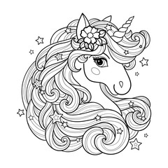 Head of a beautiful unicorn with a flower in her hair. Black and white linear drawing. Isolated on a white background. For children's design of coloring books, prints, posters, cards, stickers, etc. V