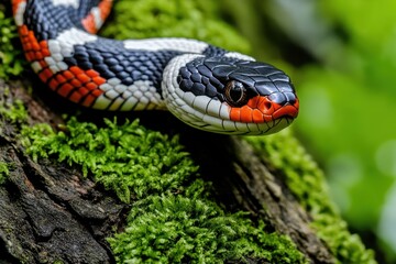 Obraz premium Piebald snake crawls slowly over mossy bark in a lush green environment, Close-up of a piebald snake crawling slowly on the green tree