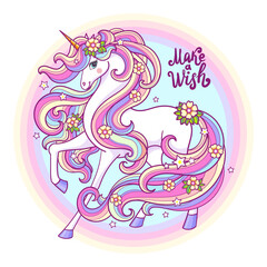Magic unicorn on a rainbow background. Round composition. Text 