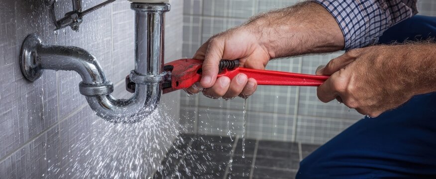 The plumber fixing a leaking pipe with a wrench in a bathroom setting.