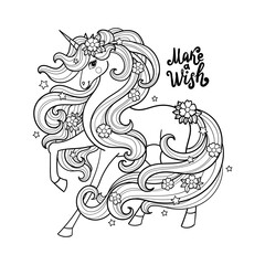 Beautiful unicorn with a long mane. Black and white linear drawing. Text Make a wish. Animal outline on a white background. For children's design of coloring prints, posters, etc. Vector illustration.