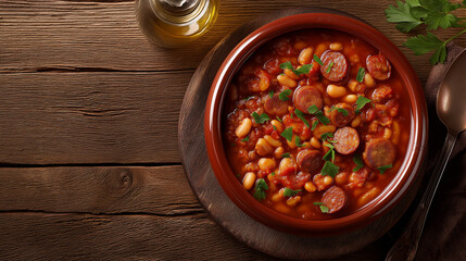 Fasolka po bretońsku - hearty Polish-style baked beans with sausage in tomato sauce, served in a clay bowl, thick and rich texture, rustic kitchen table background, warm tones, overhead view