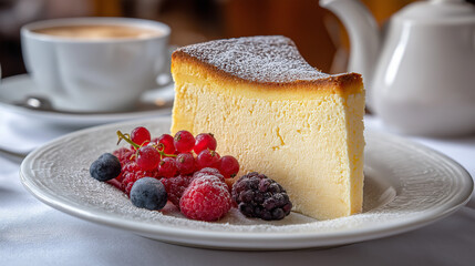 Traditional Polish sernik - creamy baked cheesecake with golden crust, dusted with powdered sugar, served on a porcelain plate with fresh berries, soft morning light, cozy café ambiance