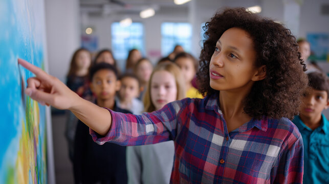 Female teacher pointing at map while explaining geography to diverse group of students.