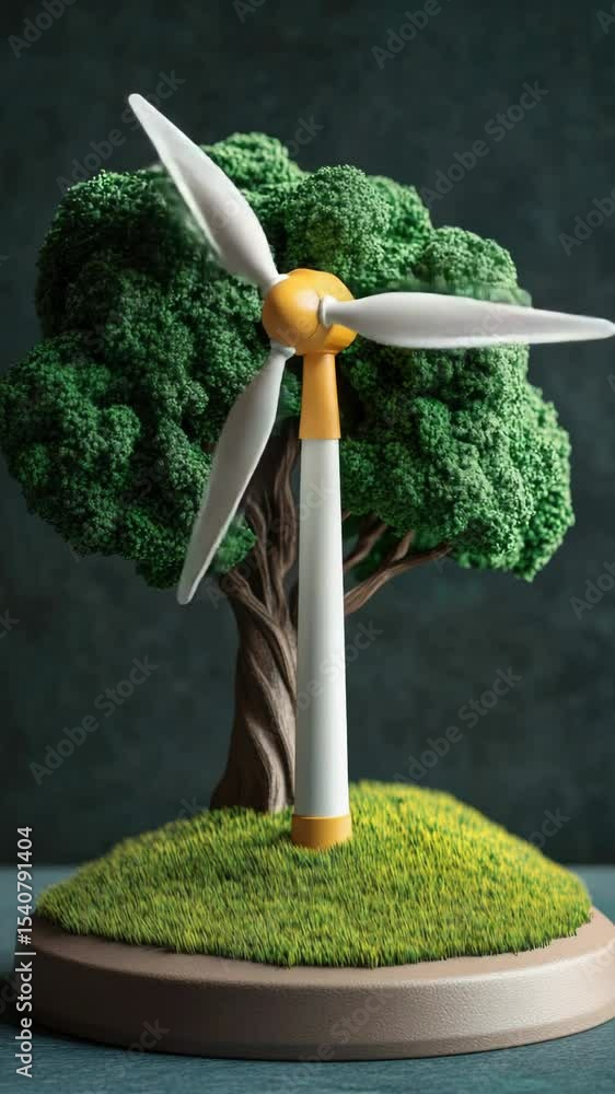 Poster a wind turbine standing next to a tree in a natural environment