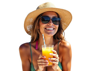 A happy woman enjoying summer vacation wearing sunglasses and straw hat while holding orange juice isolated on transparent background