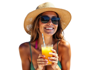A happy woman enjoying summer vacation wearing sunglasses and straw hat while holding orange juice isolated on transparent background