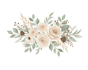 Fototapeta premium Cream And Beige Roses Watercolor Floral Arrangement With Green Leaves