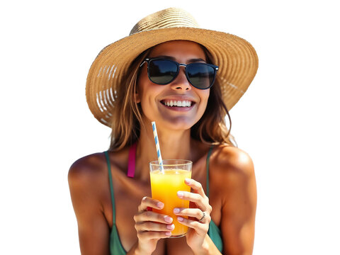 A happy woman enjoying summer vacation wearing sunglasses and straw hat while holding orange juice isolated on transparent background - Powered by Adobe