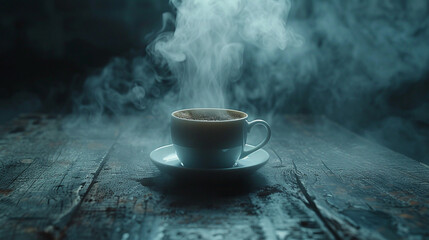 A dark and moody espresso shot being pulled into a demitasse cup with steam rising in a rustic caf?(C) setting.