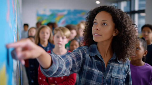 Female teacher pointing at map while explaining geography to diverse group of students.