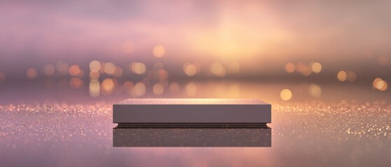 Silver podium with matte finish, mirror floor reflections, colorful bokeh background, atmospheric fog and light beams, fashion stage. Copy space. Generative AI