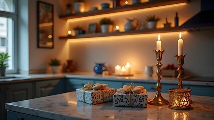 Traditional Jewish Calligraphy and Candlelight with Hanukkah Gifts