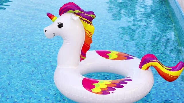 A playful inflatable unicorn float with vibrant colors bobs gently on the surface of a clear blue swimming pool, epitomizing summer enjoyment.