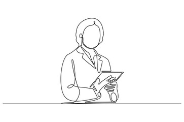 Continuous one line drawing of Healthcare with digital screen. Single line drawing illustration of Woman doctor healthcare. Medical online healthcare concept vector art. Doodle line illustration.