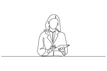 Continuous one line drawing of Healthcare with digital screen. Single line drawing illustration of Woman doctor healthcare. Medical online healthcare concept vector art. Doodle line illustration.