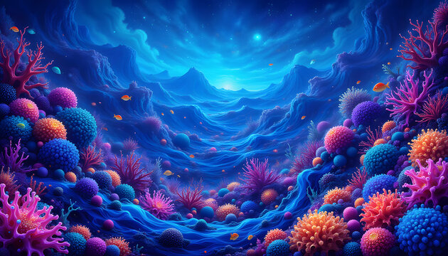 Vibrant Underwater Coral Reef Landscape with Fish and Dreamy Blue Sky