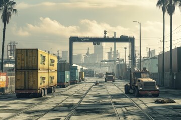 Haulage vehicles and container storage yard at Port of Los Angeles during early morning light, Haulage vehicles container storage yard Port of LA
