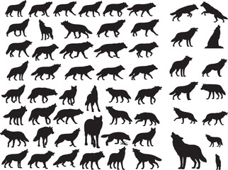 Wolf Silhouette Vector Set. Howling and Roaming Wild Animals. Canine and Wilderness Animal Graphic Collection.