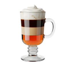A classic, warm Irish Coffee cocktail with a thick cream float on isolated transparent background, a perfect after-dinner drink.