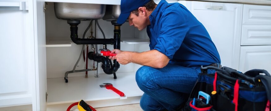 The plumber fixing a kitchen sink leak using professional tools and expertise. - Powered by Adobe