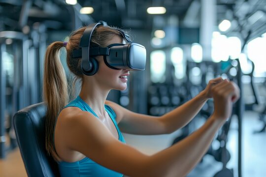 A woman wearing VR headset and exercising in gym