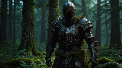 Fototapeta premium Medieval knight in the forest. Fantasy scene. 3D rendering front view.