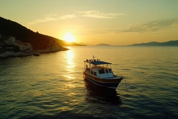 Naklejka premium Serene summer sunset with a boat gently floating on calm waters near coastal hills, Sea boat in the sea in summer at sunset Video 6k