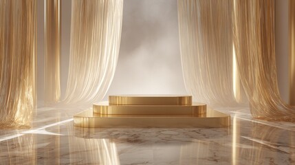 Luxury tiered golden podium surrounded by gems and sand, colorful sparkles, sharp lighting contrast, elegant display stage. Copy space. Generative AI