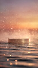 Luxury gold podium with marble floor and soft fog, elegant golden curtains backdrop, diffused lighting, refined fashion display. Copy space. Generative AI