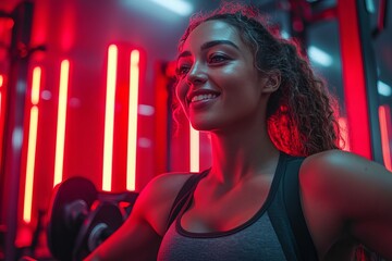 Smiling woman at the gym, illuminated by red neon lights