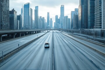 Naklejka premium Traveling along an empty city highway surrounded by tall skyscrapers in cool daylight, Traveling along an empty and desolate city highway, unused due to a global pandemic