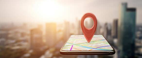 The smartphone displaying a map with a prominent location marker above.