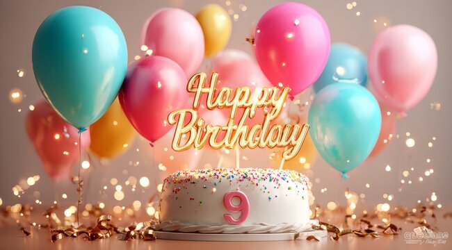 Happy birthday celebration 9th with colorful balloons festive cake indoor party