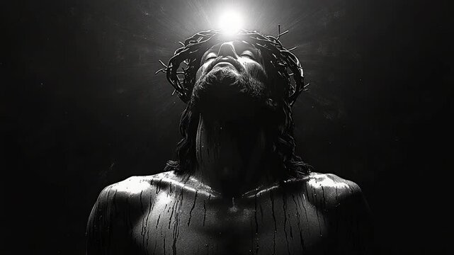 Jesus Christ with Crown of Thorns, Black  White, and Religious Art.