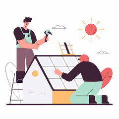 Fototapeta premium Solar Panel Installation Steps – Infographic Vector Infographic vector showing step-by-step solar panel installation on house rooftop with technician and energy flow diagram.
