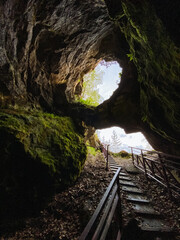 There is a cave that features a set of stairs leading up to its entrance, which is complemented by...