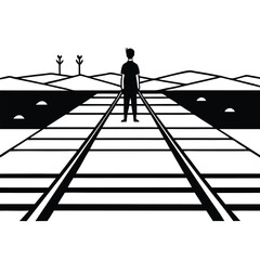 Silhouette of a businessman walking on a wooden path toward light and success