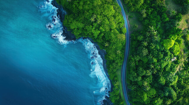 Aerial view of tropical coastline with road winding through lush greenery. Vacation vibes and vivid color contrast - Powered by Adobe