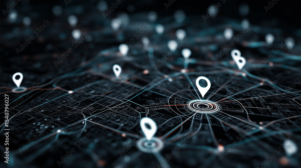 Poster digital city map with glowing geolocation pins and network grid.